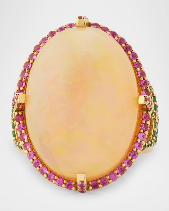 G-One 18K Yellow Gold Pinkish Oval Opal Cabochon Ring with Pink Sapphires and Tsavorites
